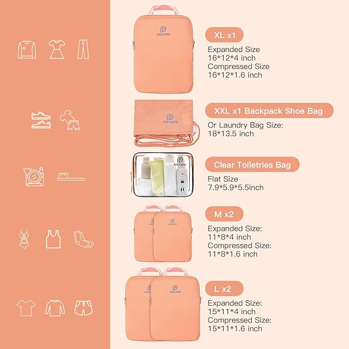 PFEYRPK Lightweight Compression Packing Cubes for Suitcases, Compressible Expandable Travel Packing Organizer with Clear Toiletries and Backpack Bag, Travel Essentials for Carry on Luggage 7 Set