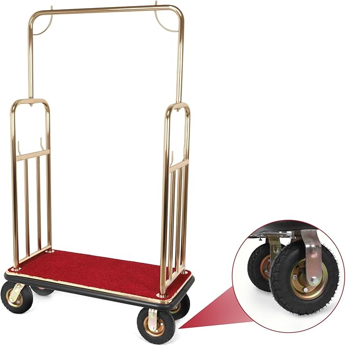 Luggage Trolley, Gold Stainless Steel Bellman Cart, Hotel Restaurant Supplies, Lobby Cart, Hotel Luggage Carts for Commercial, Condos, Resorts Use - 39" x 20" x 68"