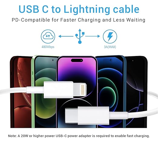 5Pack(3/3/6/6/10FT) USB C to Lightning Cable [Apple MFi Certified] iPhone Fast Charger Power Delivery Type C Charging Cord Compatible with iPhone 14 13 12 11 Pro Max X XS XR 8 7 6s Plus SE iPad,White