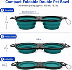 Collapsible Dog Bowls with Carabiner, Double Portable Travel Pet Bowls for Food and Water, Foldable Silicone Dog Bowl for Walking, Hiking, Camping, Small Medium Dogs and Cats, Teal