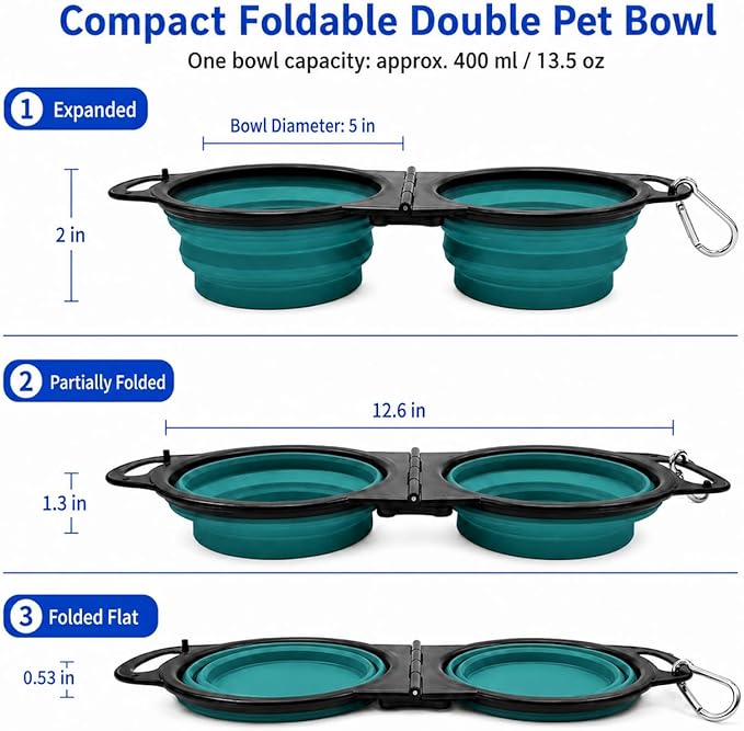 Collapsible Dog Bowls with Carabiner, Double Portable Travel Pet Bowls for Food and Water, Foldable Silicone Dog Bowl for Walking, Hiking, Camping, Small Medium Dogs and Cats, Teal