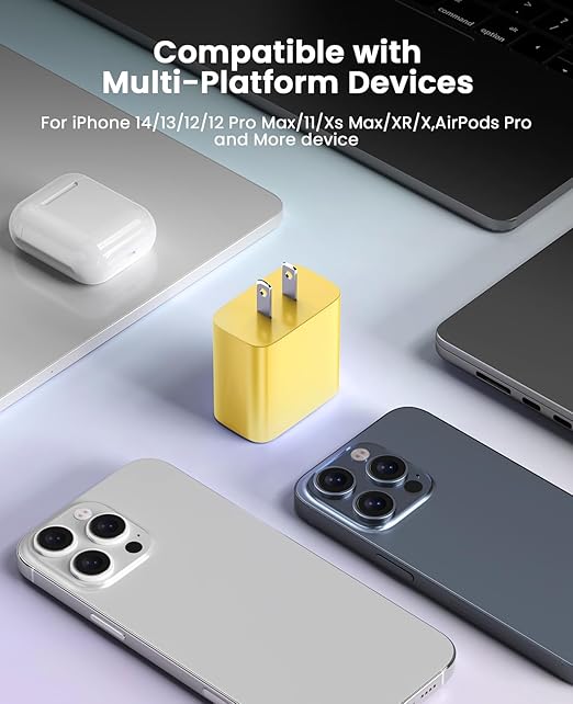 FEEL2NICE iPhone Charger Fast Charging 2 Pack Type C Wall Charger Block with 2 Pack [6FT&10FT] Long USB C to Lightning Cable for iPhone 14/13/12/12 Pro Max/11/Xs Max/XR/X,AirPods Pro,Yellow