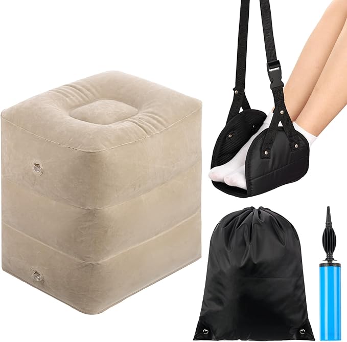 Drydiet 2 Pcs Inflatable Foot Rest Pillow, 2 in 1 Airplane Foot Hammock for Travel, Adjustable 3 Layers Leg Rest Pillow with Pump and Storage Bag Portable for Flights Comfort, Travel Accessories