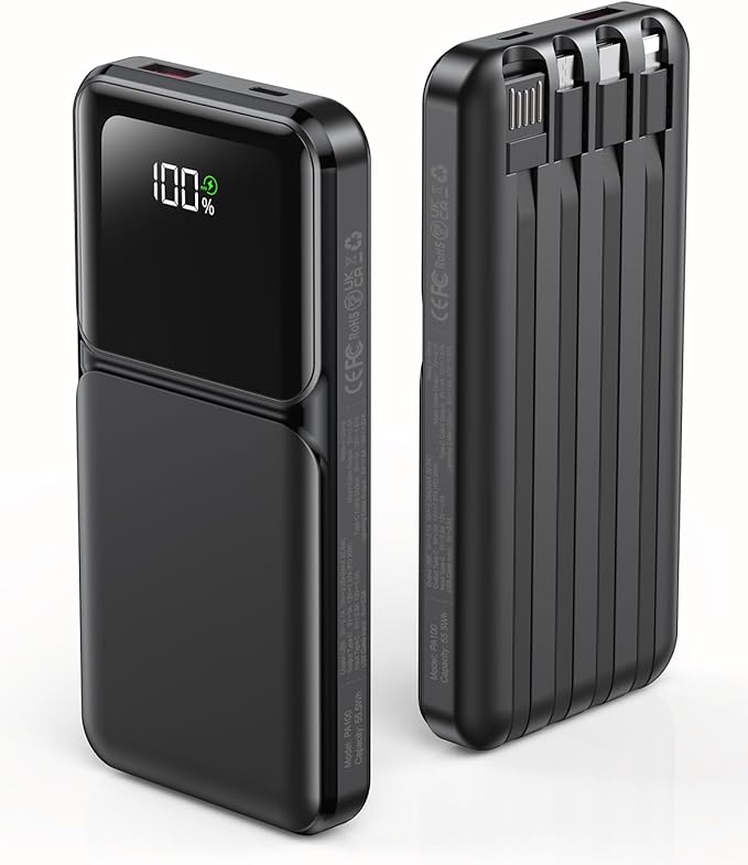 RONEGN Portable Charger with Built in Cable - Power Bank Fast Charging USB C LED Display 10000mah Battery Pack 5 Outputs & 3 Inputs for Travel Essentials iPhone Samsung Android Phones Tablets Black