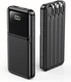 RONEGN Portable Charger with Built in Cable - Power Bank Fast Charging USB C LED Display 10000mah Battery Pack 5 Outputs & 3 Inputs for Travel Essentials iPhone Samsung Android Phones Tablets Black
