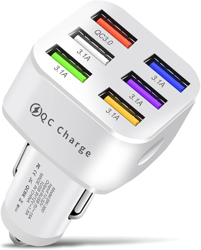 Amiss Car Charger Adapter, 6 USB Multi Port, Fast Charger, Include QC 3.0 and 5 Other Ports, Car Interior Accessories, Fit for iPhone 17/16/15/14/13Pro Max, Samsung, Android (White 1pc)
