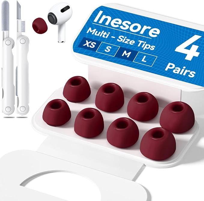 4 Pairs Replacement Ear Tips for AirPods Pro 2nd/1st Generation with Portable Storage Box & Cleaner Pen,Noise Reduction Holewith & Built-in dust Guard Screen,Silicone EarTips(Dark red)