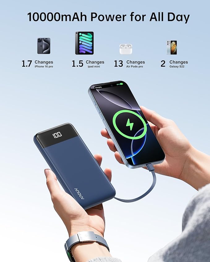 Portable Charger with Built-in Cables 10000mAh Power Bank with Cords, Slim Battery Pack with LED Display, Travel Essential Portable Charger for iPhone 17/16/15/14 Series, Android Samsung Google Pixel