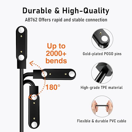 Audiovance 2-Pack AB762 Reversible Smartwatch Charger – Innovative Magnetic Charging Cable, Solves Polarity Mismatch, Universal for All 7.62mm-Pin-Pitch Smart Watches