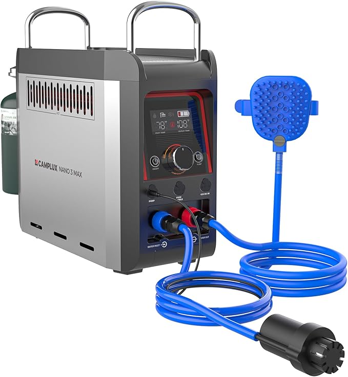 CAMPLUX Nano 3 Max, Portable Propane Water Heater & Shower Pump, Rechargeable Portable Shower System, CSA Certified Safety, Instant Hot Water for Camping, Hiking, Glamping & Vacationing