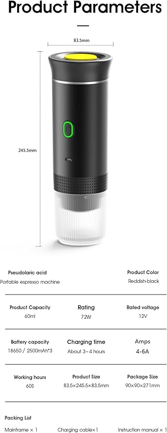 Wireless Portable Electric Coffee Maker with USB-C, Self-Heating, Rechargeable Espresso Coffee Machine for Travel, Camping, RV,Home,Office (black)