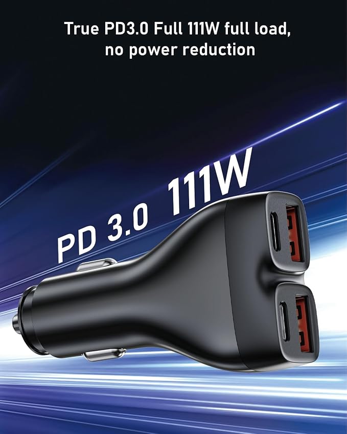 USB C Car Charger, 111W 4 Ports Super Fast Car Charger Adapter, Dual USB-C & USB-A PD30W/QC22.5W Fast Charging Cigarette Lighter for iPhone 17/16/15/14/13, Samsung Galaxy S25 Ultra/S24, Pixel, Android