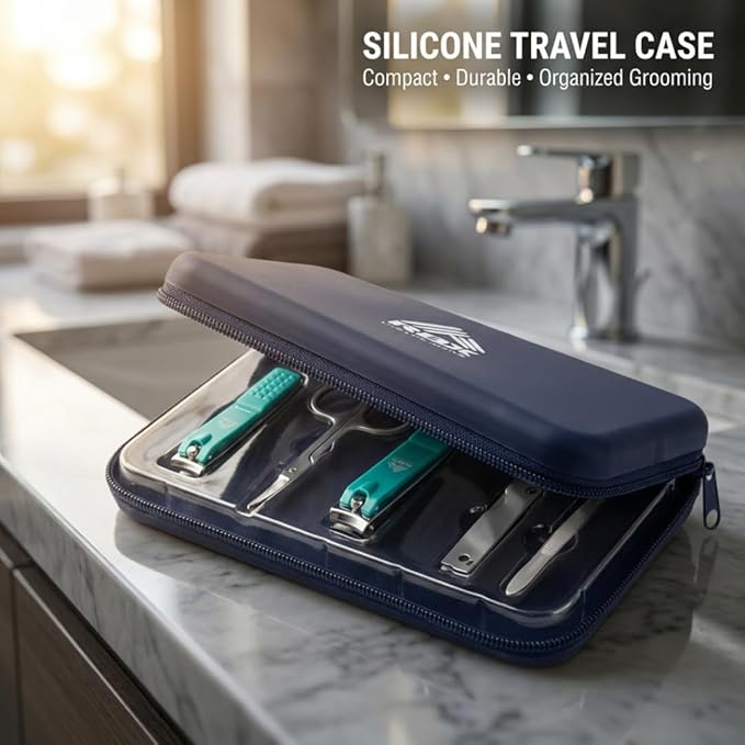 RBX Nail Clipper Set for Men, 7 Pcs Deluxe Grooming Kit for Men - Includes Toe & Finger Nail Clippers, Nail File, Slanted Tweezer, Manicure Scissors, Comes in Silicone Travel Case