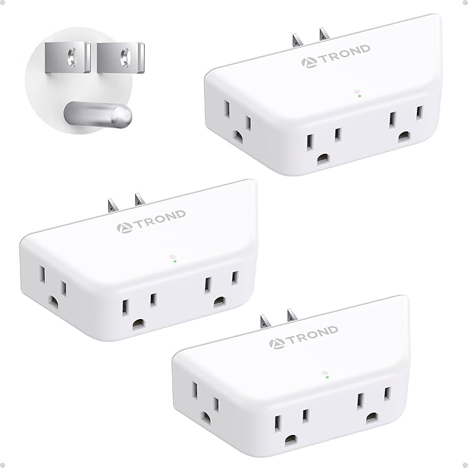 TROND Wall Outlet Extender 3 Pack - Surge Protector Outlet with 4 Grounded Sockets, 3 Way Angled Plug Adapter, 900J, Multiple Wall Splitter for Home Office Dorm Room Essentials, White