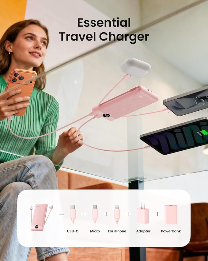 Portable Charger Built-in Cables and Wall Plug, 10000mAh Slim USB C Power Bank, LED Display External Battery Pack Compatible with iPhone/Android & More (Pink)