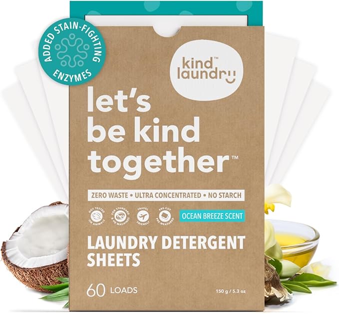 Kind Laundry Detergent Sheets – 60 Loads Ocean Breeze, EWG Verified, No Residue After Wash, Eco Plastic-Free Liquidless Laundry Soap, Non-Toxic Formula, for Sensitive Skin, Travel & Dorm Friendly