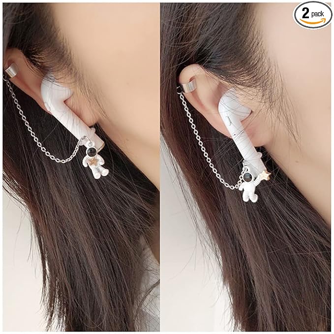 ZOSTLAND 1 Pair Creative Earphone Anti Lost Earring Clip Earclip Strap Wireless Earhook Earbud Ear Bud Holder Connector Compatible with Airpods 1/2/Pro/3 Beats Fit Pro Sony Gift (Astronaut)