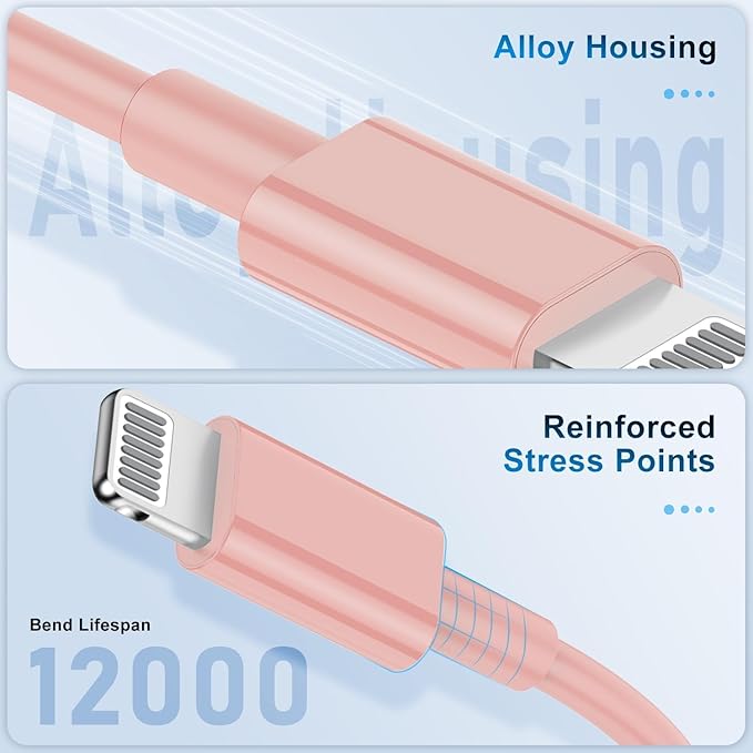 3 Pack Apple MFi Certified Charger Cable 6ft, Lightning to USB Cable Cord 6 Foot, 2.4A Fast Charging,Apple Phone Long Chargers for iPhone 13/12/11/11Pro/11Max/ X/XS/XR/XS Max/8/7/6 Pink