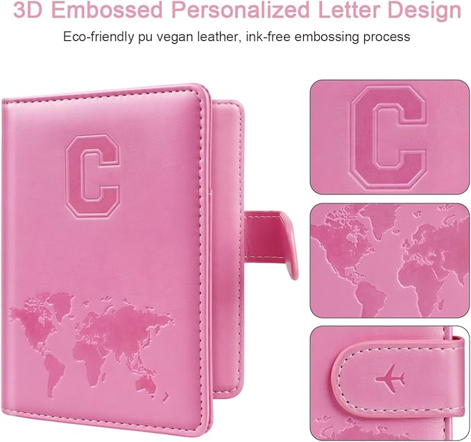 Passport Holder Cover Initail Letter A-Z Travel Wallet Embossed Design RFID Blocking Card Holder Personalized Gift Passport Cover Wallet, Passport Book Holders for Women and Girls, Pink-C