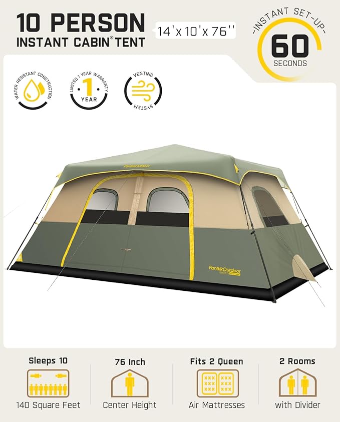 FanttikOutdoor Camping Tent 4/6/8/10 Person Instant Cabin Tent Setup in 60 Seconds with Rainfly & Windproof Portable with Carry Bag for Family Camping & Hiking, Upgraded Ventilation, Navy Blue