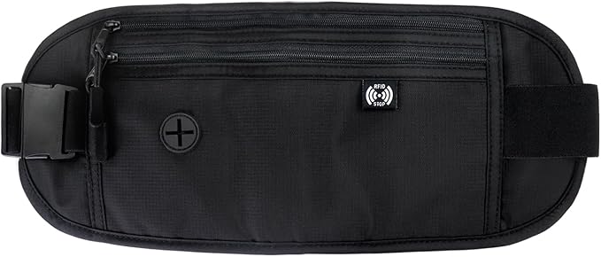 FuninCrea Waterproof Hidden Money Belt for Travel, Anti-Theft Belt Bag with RFID Blocking Function Adjustable Slim Waist Bag with 2 Zipper Pockets and 1 Back Pocket for Men and Women (Style l, Black)