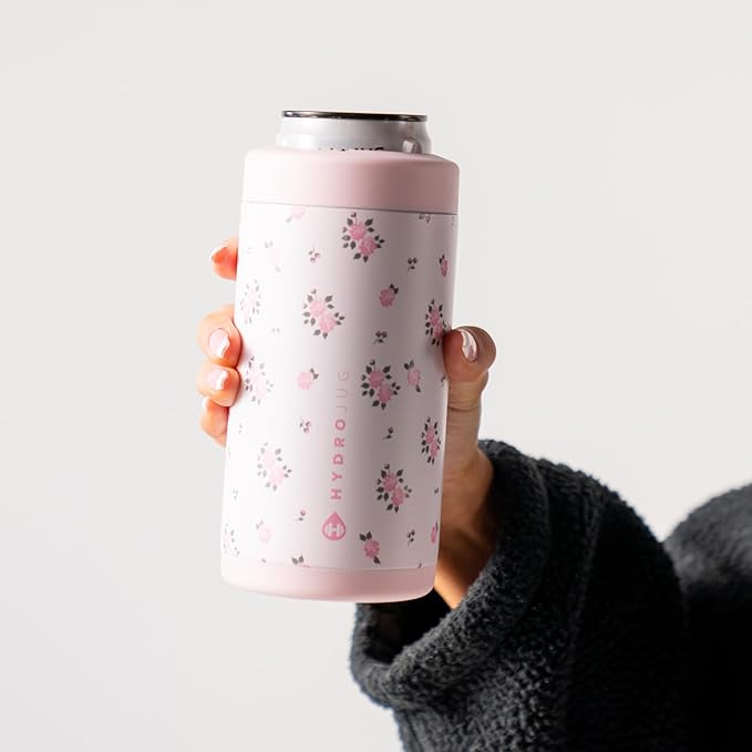 HydroJug Standard Can Cooler - 2-in-1 Insulated Can Cooler Cup - Stainless Steel Can Holder with Non-Slip Rubber Base - Screw-Top Lid - Dishwasher Safe - 16oz, Wildrose