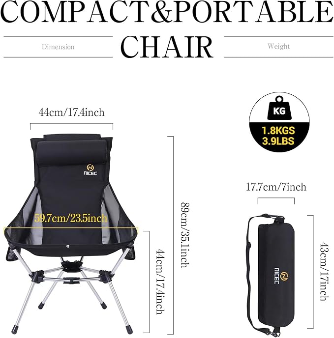 Nice C Ultralight High Back Folding Camping Chair, Collapsible Backpacking Chair, Compact & Heavy Duty Outdoor, Travel, Picnic, Festival with 2 Side Pockets, Pillow &Carry Bag (Set of 2 Black)