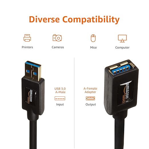 Amazon Basics USB 3.0 Extension Cable, A-Male to A-Female, 4.8Gbps High-Speed, Gold-Plated Connectors, 6.5 Foot, Black