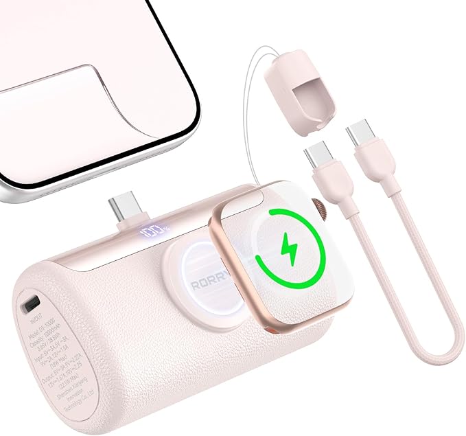 RORRY PalmGo Portable Charger, 10000mAh PD 22.5W Fast Charging Mini Power Bank with Built-in USB C Connector, 3-in-1 Battery Pack for iPhone 17/16/15 Pro/Max, Apple Watch Ultra/11/10/SE, iPad, Pink