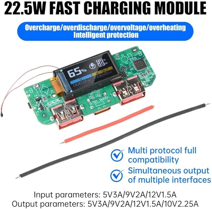 USB 22.5W Fast Charging Step-Down Converter Power Bank Module with PD QC FCP VOOC Protocols Type-C and Dual USB Ports TFT Display Multiple Safety Protection