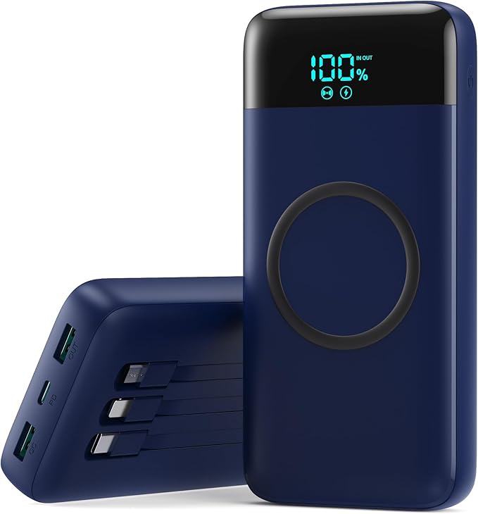 YHO Wireless Portable Charger 40800mAh for iPhone with Built-in Cables,15W Wireless Charging USB C Power Bank,25W PD Fast Charging Travel Essential Battery Pack for iPhone 17/16/15/14-Dark Blue