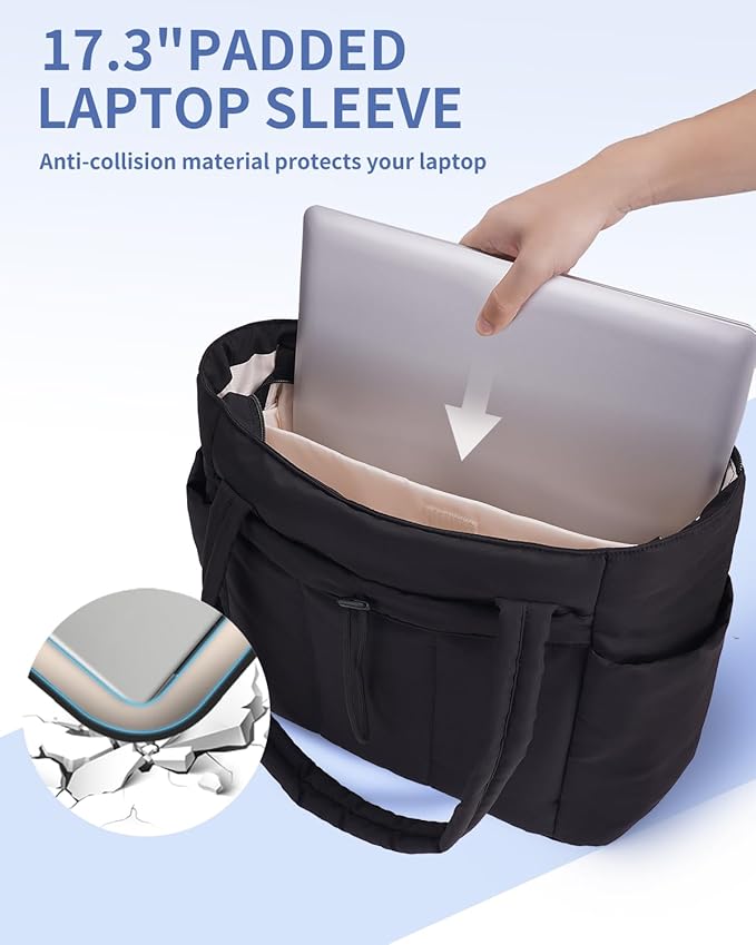Wandering Nature Puffer Tote Bag with Cup Holder & Laptop Compartment & Trolley Sleeve for Travel, Work, Nurse, Women