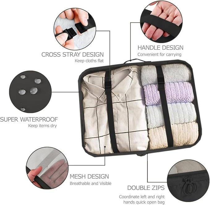 LANSKLBD 6 Set Packing Cubes for Travel, Luggage Organizers with Shoe & Toiletry Bags, Lightweight Suitcase Organizer for Carry-On, Washable Laundry Bags(Black)