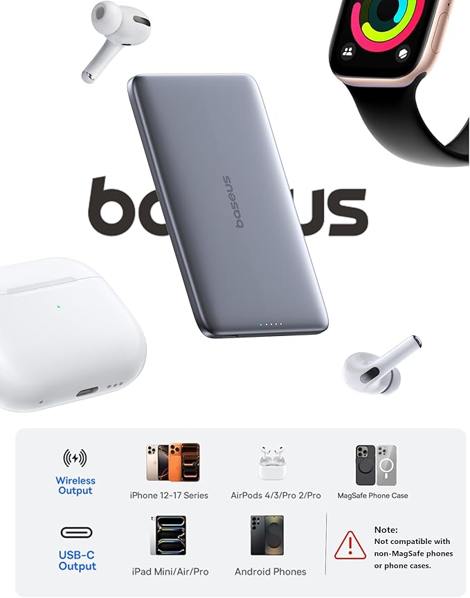 Baseus Picogo Power Bank, 0.3" Ultra Slim 5000mAh MagSafe Portable Charger, Card-Size Magnetic Battery Pack with USB-C Braided Cable, Alloy Wireless Charger for iPhone 17 Pro Max/17 Air/16/15/14/13/12