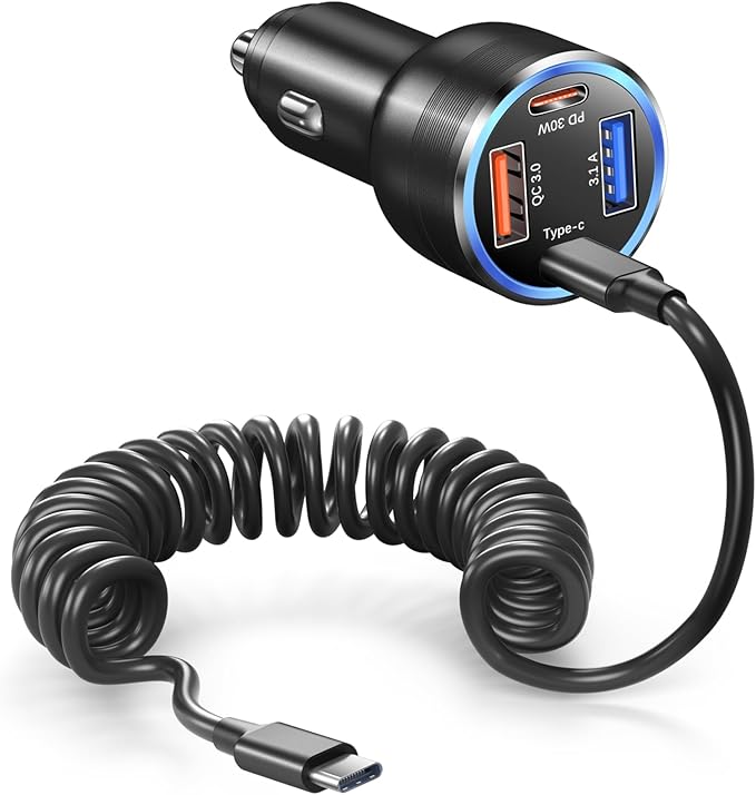 USB C Car Charger, Bangfun 65W 4-Port Dual 12V USB Car Power Charger PD&QC3.0 Fast Charging Cigarette Lighter Adapter Plug for iPhone 17 16 15 Pro iPad Air Samsung S25+5ft Type C Coiled Cable (Black)