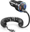 USB C Car Charger, Bangfun 65W 4-Port Dual 12V USB Car Power Charger PD&QC3.0 Fast Charging Cigarette Lighter Adapter Plug for iPhone 17 16 15 Pro iPad Air Samsung S25+5ft Type C Coiled Cable (Black)