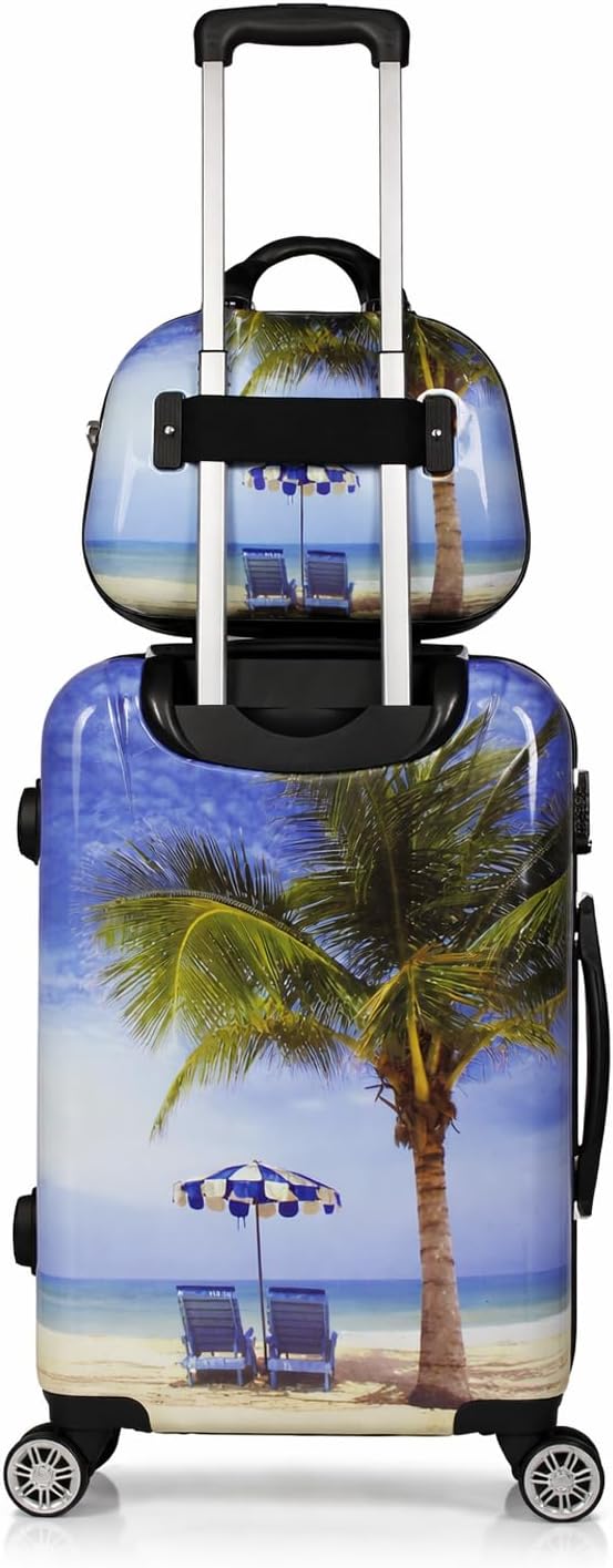 World Traveler VentureX Airline Approved 2-Piece Carry-On Luggage Set – Lightweight Hardside Polycarbonate Suitcase with Spinner Wheels - Palm Tree