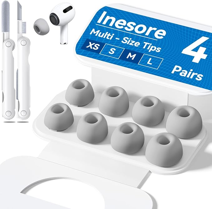 4 Pairs Replacement Ear Tips for AirPods Pro 2nd/1st Generation with Portable Storage Box & Cleaner Pen,Noise Reduction Holewith & Built-in dust Guard Screen,Silicone EarTips(Grey)