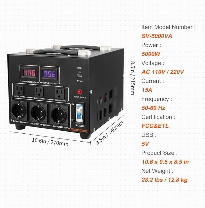 VEVOR Voltage Converter Transformer, 5000W, Heavy Duty Step Up/Down Transformer, Convert from 110 Volt to 220 Volt and from 220 Volt to 110 Volt, with US Outlet EU Outlet 5V USB Port, CE Certified