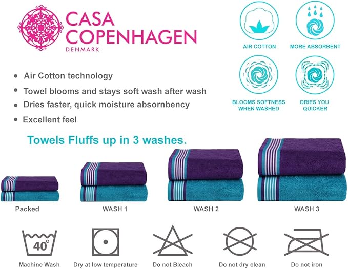 CASA COPENHAGEN He & She 6Pcs 100% Egyptian Cotton Large Designer Towels Gift Set- Indigo - Teal, 550GSM, 2Bath 2Hand 2Washcloths, Bath Towels for Bathroom (Gift Set for Women & Men)