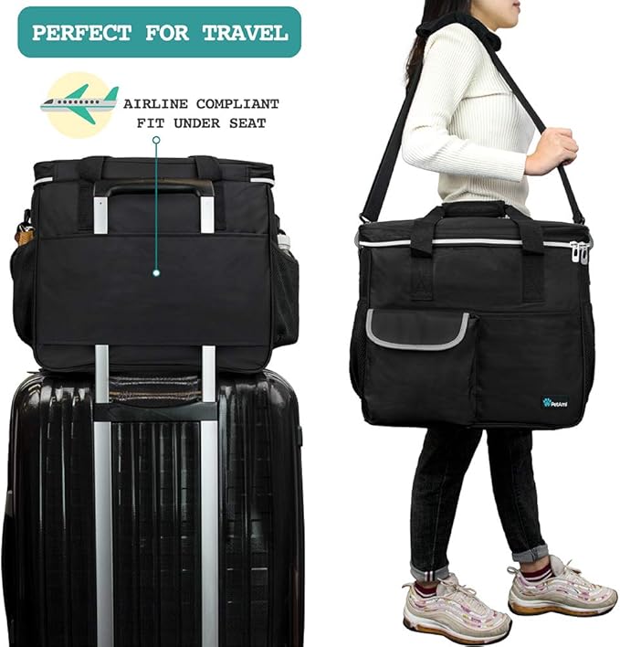 PetAmi Dog Travel Bag, Travel Pet Bag Organizer, Dog Food Travel Bag with Container Collapsible Bowls, Pet Travel Supplies Gift Accessories for Weekend Camping, Puppy Cat Diaper Bag, Black Large