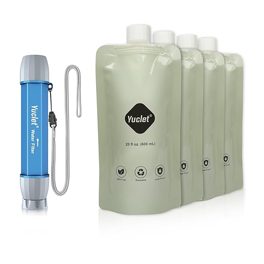 Yuclet Squeeze Water Filtration System with Four 20-Oz Squeeze Pouches and 0.1 Micron Filter Straw, Portable Water Purifier Survival for Camping, Hiking, Backpacking and Emergency Preparedness