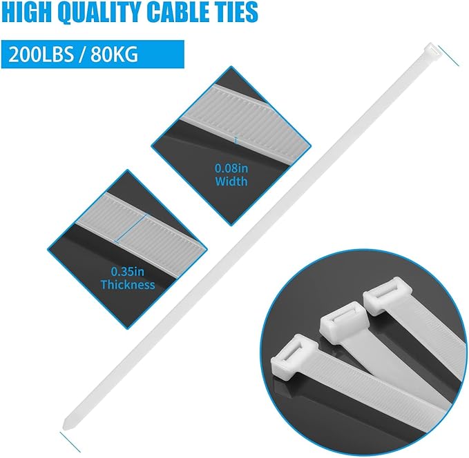 Armpow 14 inch White Zip Ties Heavy Duty 100 PACK, 200 LBS Ultra Exclusive Strong Plastic Wire Ties, Large Cable Ties Extra Long Tie Wraps, Indoor and Outdoor UV Resistant