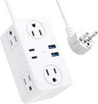 Kakyanill European Travel Plug Adapter, Type E F Plug Adapter, 6 AC Outlets, 4 USB Ports (2 USB C), 3ft Wrapped Around Extension Cord, for Germany France Travel