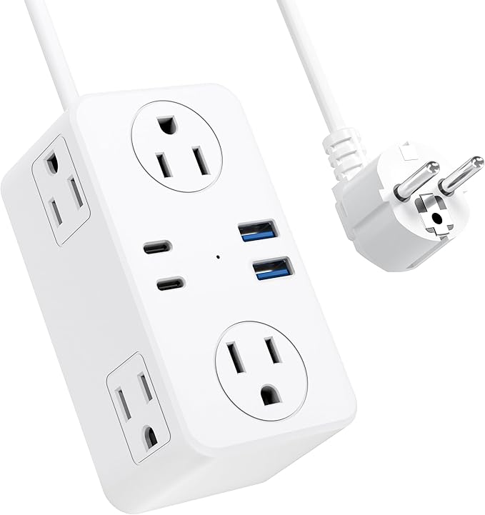 Kakyanill European Travel Plug Adapter, Type E F Plug Adapter, 6 AC Outlets, 4 USB Ports (2 USB C), 3ft Wrapped Around Extension Cord, for Germany France Travel