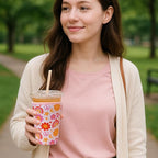 Reusable Insulated Neoprene Iced Coffee Cup Sleeve, Durable Drink Sleeve for Cold Beverages, Beverage Holder for Iced Coffee, Groovy Flower