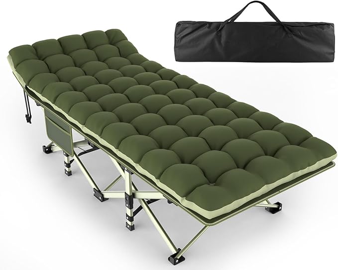 ZENPETIO Camping Cot for Adults - Heavy-Duty Cot Bed with Mattress, Portable Sleeping Cots for Outdoor Indoor, 1200D Oxford Folding Cots for Home Travel, Max load 500LBS, Fits People up to 6'3", Green