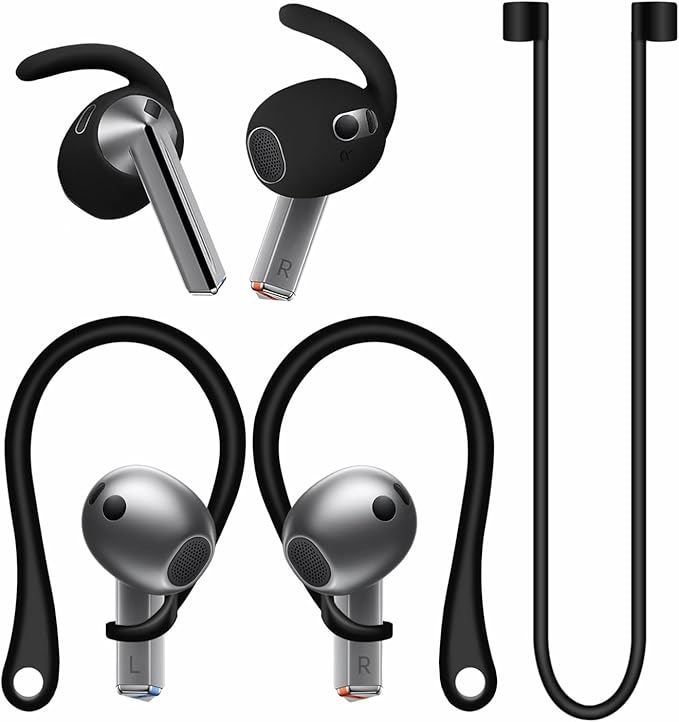 A-Focus Galaxy Buds 3 Anti-Slip Kit Replacement Ear Hooks Sport Ear Tips Non-Slip Silicone Eartips and Covers Gel Wings Ergonomic Design Strap Compatible with Samsung Galaxy Buds 3 Black