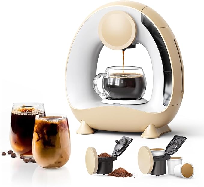 Pod and Grounds Single-Serve Coffee Maker, 2 in 1 One Cup Coffee Machine Compatible with K-Cup Pod & Coffee Grounds/Tea, Compact Design, 4-8oz, Champagne Color
