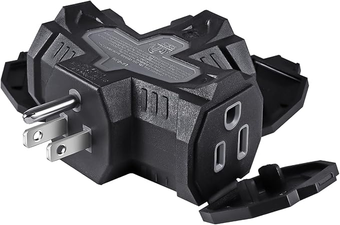 3 Outlet Indoor Outdoor Wall Adapter, ETL Listed 3-Prong Grounded Outlet Splitter, Weatherproof Heavy Duty Multi Outlet Power Plug Extender with Protective Cover, Black (1 Pack)
